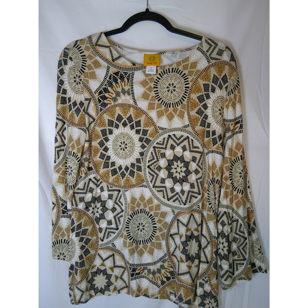 Ruby Rd Womens Small Yellow Tan Geometric Medallion Print Long Sleeve Knit‎ Top